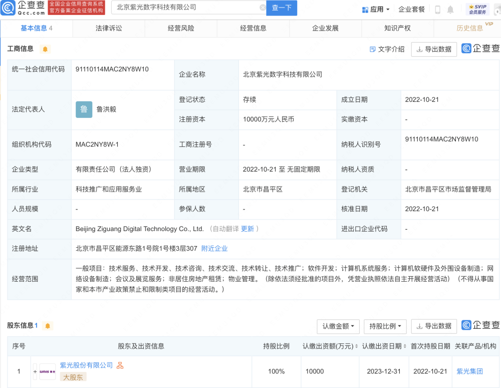 紫光股份在北京成立全新數(shù)字科技子公司 注冊(cè)資本達(dá)1億元瞄準(zhǔn)計(jì)算機(jī)軟硬件及外圍設(shè)備市場(chǎng)